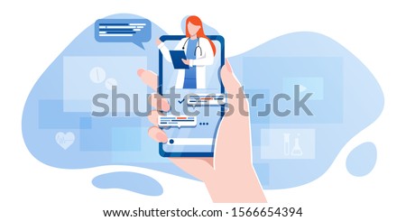 smartphone screen with female therapist on chat in messenger and an online consultation. Vector flat illustration. Ask doctor. Online medical advise or consultation service, tele medicine, cardiology