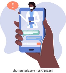 Smartphone screen with female therapist set, chat in messenger, online consultation. Vector flat illustration. Ask doctor. Medical advise, consultation service, tele medicine, meet online with patient