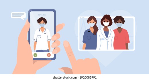 Smartphone screen with female therapist. Video call in messenger, browser window, online consultation. Vector banner template. Ask doctor. Online medical advise, chat service, telemedicine, cardiology