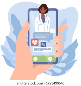 Smartphone screen with female therapist. Video call in messenger, online consultation. Vector flat banner template. Ask doctor. Online medical advise, chat service, telemedicine, cardiology