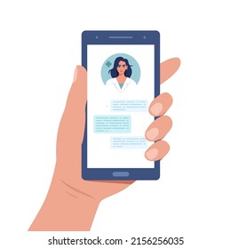 Smartphone screen with female therapist. Video Chat online consultation. Online medical advise or consultation service, telemedicine, cardiology. Vector illustration