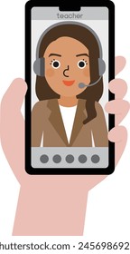 Smartphone screen of a Filipino female teacher wearing a headset and suit and making a video call