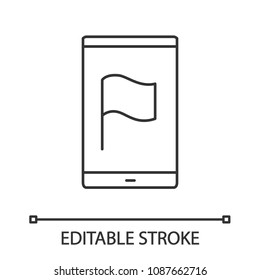 Smartphone screen with flag linear icon. Thin line illustration. GPS navigation app. Contour symbol. Vector isolated outline drawing. Editable stroke
