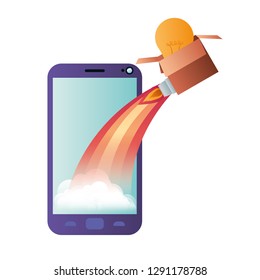 smartphone screen with flying rocket isolated icon