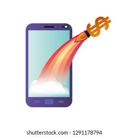 smartphone screen with flying rocket isolated icon