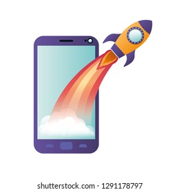 smartphone screen with flying rocket isolated icon