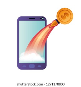 smartphone screen with flying rocket isolated icon