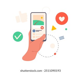 Smartphone screen with gallery photos or social media with likes and posts, flat cartoon vector illustration. Isolated hand showing blog or article with picture and reactions to it