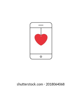 Smartphone screen with get message of heart emoji speech bubble.Phone app with icon like