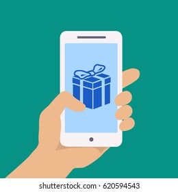Smartphone screen with gift app. Hand hold smartphone. Vector