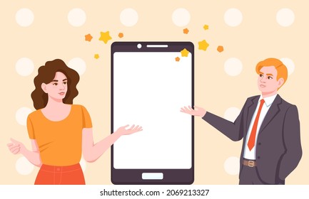 Smartphone screen guide concept. Man and woman stand next to large phone and point at it. Instructions for using the device. Modern technologies. Cartoon contemporary flat vector illustration
