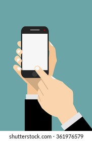 Smartphone  screen. Hand hold smartphone, finger touch touchscreen. Modern concept for web banners, web sites, printed materials, infographics.