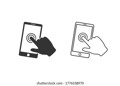 Pantalla de Smartphone con mano, juego de iconos de línea de pantalla táctil. Vector