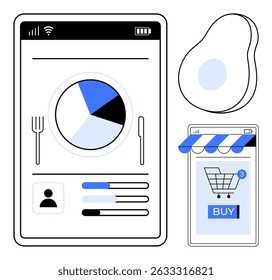 A smartphone screen with a health and nutrition app layout, showcasing a pie chart for diet tracking and an online shopping icon for food items. Minimalist and modern style. Ideal for fitness apps