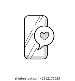 Smartphone screen with heart in speech bubble. Put likes. Favorite, love vector icon in doodle style on a white background.