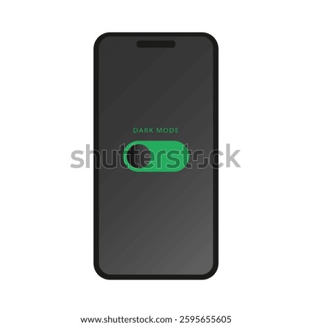 Smartphone screen highlights a dark mode feature with a green toggle switch engaged. Smartphone display showing dark mode toggle switch activated in a modern interface
