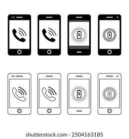 Smartphone screen icons vector set in black color, vector of charging mobile phone flat design illustration.