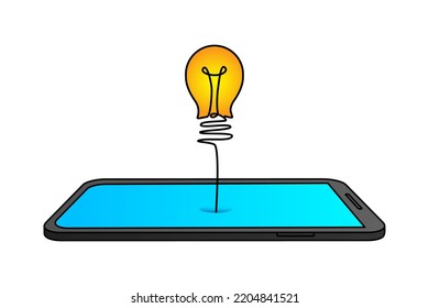 smartphone screen with incandescent light bulb. online education concept. ideas from the internet. vector illustration isolated on white background