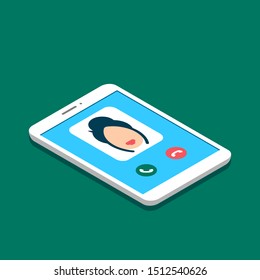 Smartphone screen with incoming call. Isometry style vector illustration