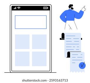 A smartphone screen interface displays app layout with four grid sections. Nearby a man stands next to two digital receipts with checkmark symbols. Ideal for mobile apps, finance, business