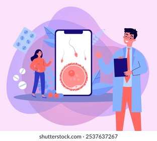 Tela Smartphone com IVF esquema de ilustração vetorial. Cientista explicando para gestante o trabalho de robôs injetores de esperma fertilização in vitro. Substituição de FIV, conceito de inseminação artificial