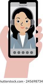 Smartphone screen of a Japanese female teacher wearing a headset and suit and making a video call