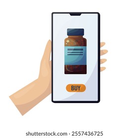 Smartphone screen with a jar of medicine. Online pharmacy and shopping concept. Vector illustration in cartoon style.