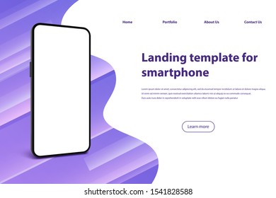 Smartphone screen landing page. Mobile phone frame, smartphones application presentation template and black smartphone realistic 3D vector illustration. Mobile software, app development website layout