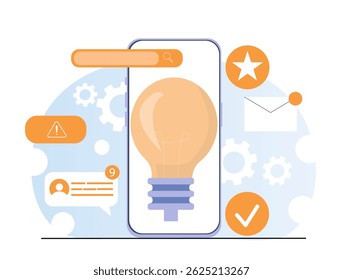 Smartphone screen with lightbulb symbol, surrounded by icons like search, message, and alert on abstract blue background. Concept of innovation and ideas. Vector illustration