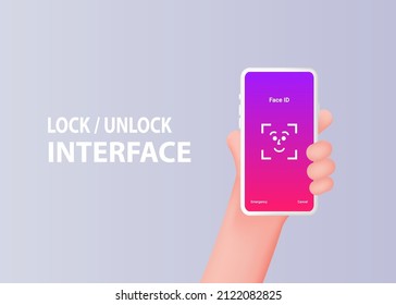 Bloquear la pantalla del Smartphone con la cara. La mano está sosteniendo un teléfono móvil. Ilustración vectorial 3d.