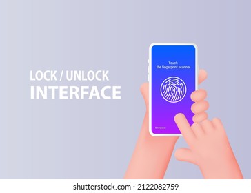 Smartphone screen lock with fingerprint scanner. The hand is holding a mobile phone. Vector 3d illustration.