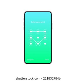 Smartphone screen lock pattern with pattern password. Vector realistic mobile mockup.