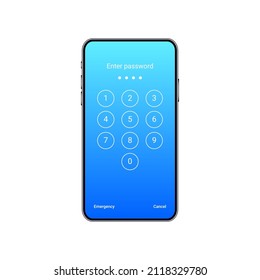 Smartphone screen lock template with numeric password. Vector realistic mobile mockup.