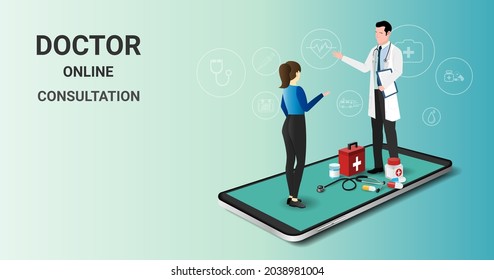 smartphone screen with male doctor and  female patient. Online doctor, online medical consultation, tele medicine, Online healthcare and medical consultation. Digital health concept. 3D vector