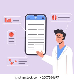 Smartphone screen with male doctor gives online diagnosis. An app with doctor consultation or advice. Medical scientist talks about pills and medication. Ask doctor. Vector illustration.