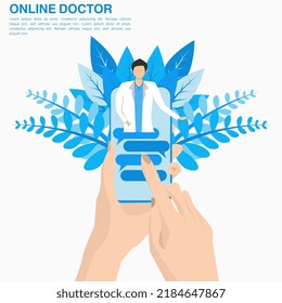 smartphone screen with male doctor on chat on messenger and online consultation. Vector flat illustration. Ask the doctor. Online medical advice or consulting services, remote medicine, cardiology