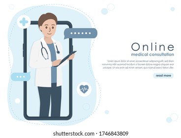 Smartphone screen of male doctor with stethoscope, patient medical records and health icons. Online medical consultation, hospital and healthcare concept. Flat vector illustration. Copy space