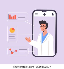 Smartphone screen with Male therapist gives online diagnosis. An app with doctor consultation or advice.Medical scientist with diagrams and molecule. Ask doctor. Vector illustration.