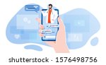 smartphone screen with male therapist on chat in messenger and an online consultation. Vector flat illustration. Ask doctor. Online medical advise or consultation service, tele medicine, cardiology
