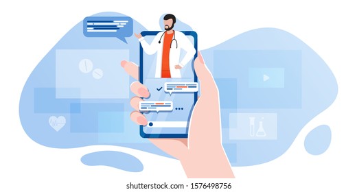 smartphone screen with male therapist on chat in messenger and an online consultation. Vector flat illustration. Ask doctor. Online medical advise or consultation service, tele medicine, cardiology