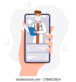 Smartphone screen with male therapist on chat in messenger and an online consultation vector flat illustration concept. Online medical advise or consultation service tele medicine