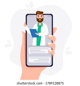 Smartphone screen with male therapist on chat in messenger and an online consultation vector flat illustration concept. Online medical advise or consultation service ask doctor