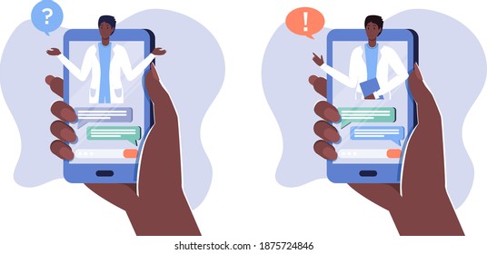 Smartphone screen with male therapist set, chat in messenger, online consultation. Vector flat illustration. Ask doctor. Medical advise, consultation service, tele medicine, meet online with patient