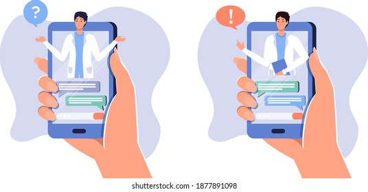 Smartphone screen with male therapist set, chat in messenger, online consultation. Vector flat illustration. Ask doctor. Medical advise, consultation service, tele medicine, meet online with patient