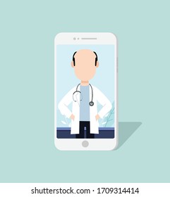 Smartphone screen with man doctor online. video conference with your doctor from home. Vector flat person illustration.