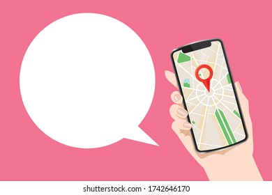 Smartphone screen Map application display screen, smartphone and hand illustration.