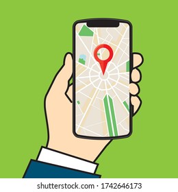 Smartphone screen Map application display screen, smartphone and hand illustration.