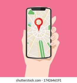 Smartphone screen Map application display screen, smartphone and hand illustration.