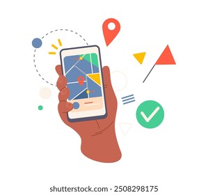 Smartphone screen with map application, flat cartoon vector illustration. Isolated hand with mobile phone display showing streets and pin points of location or destination, app for traveling