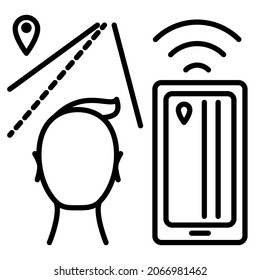 Smartphone screen with a map for the trip. A placemark on the road for a stop. A highway with dotted markings. Vector icon, outline, isolated.  Editable stroke.